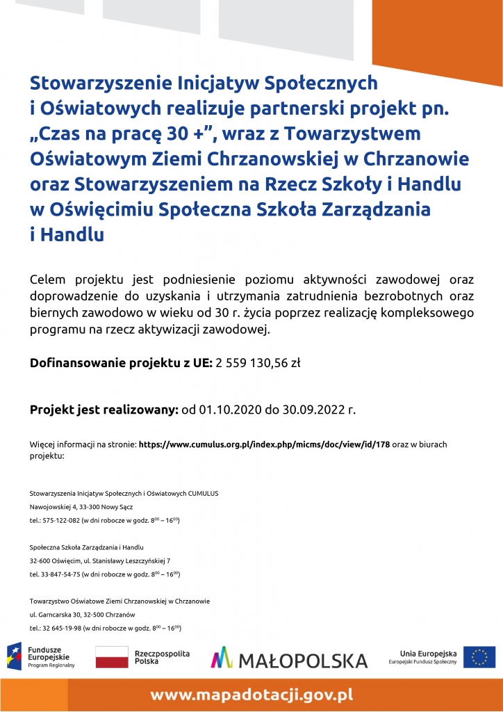 plakat projektu - dane kontaktowe do instytucji ralizujących 