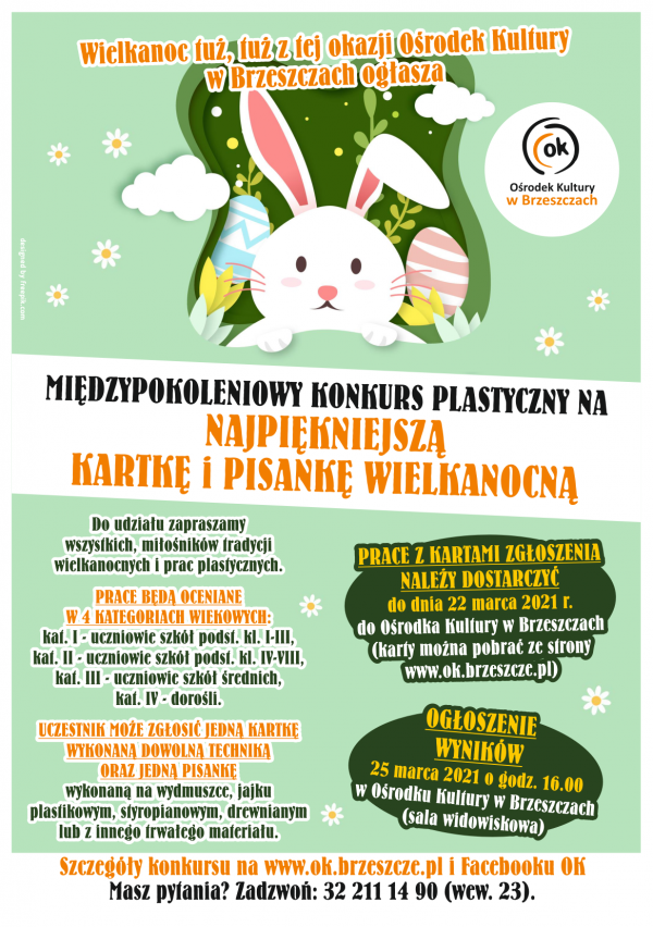 plakat konkursu - terminy dostarczenia prac oraz wyników konkrusu, kontakt do organizatora OK w Brzeszczach